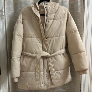 Mango MNG - cream water repellent puffer hooded belted jacket tie waist belt